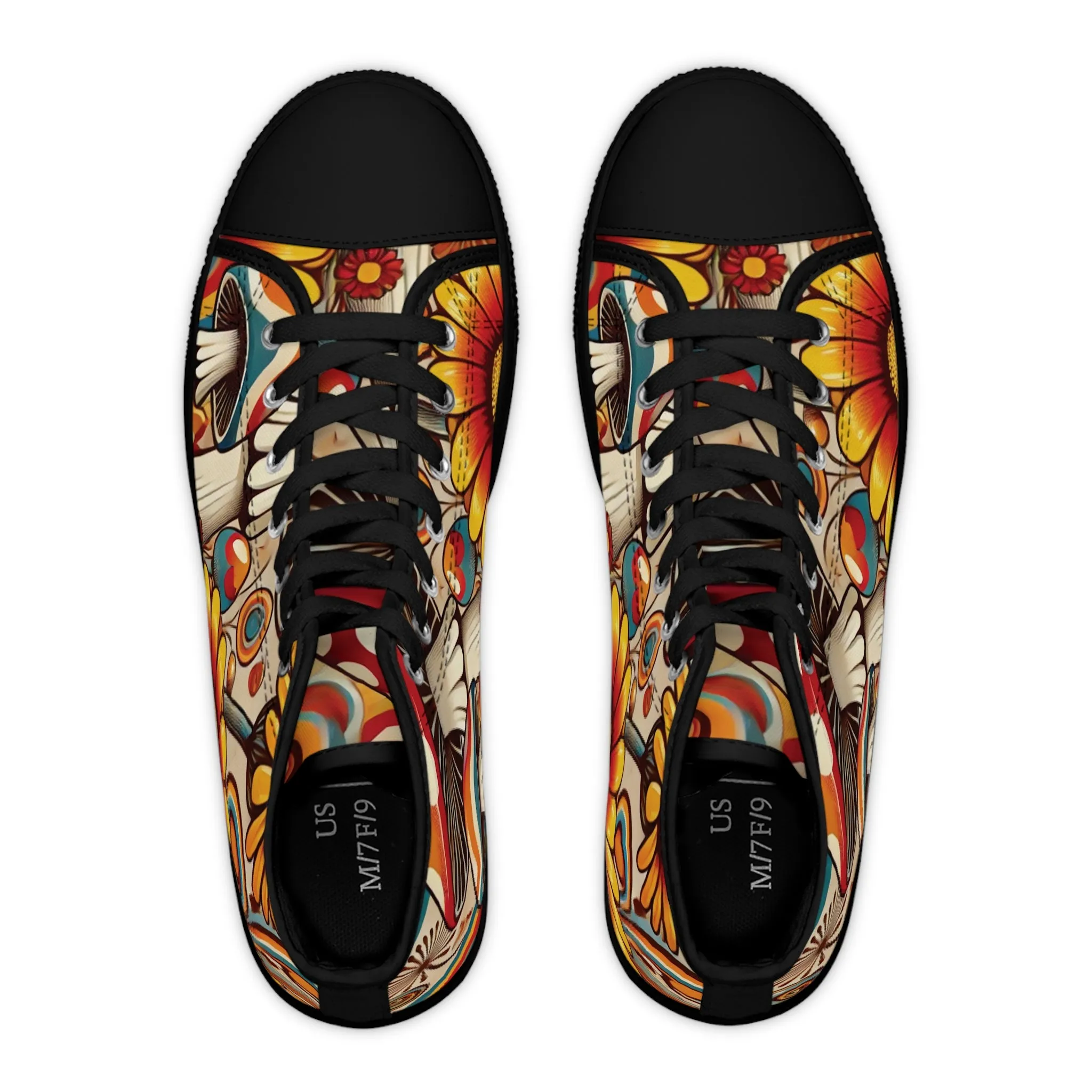 70s Mushroom Flower Power Bohemian Style High Top Sneakers with Floral and Mushroom Design