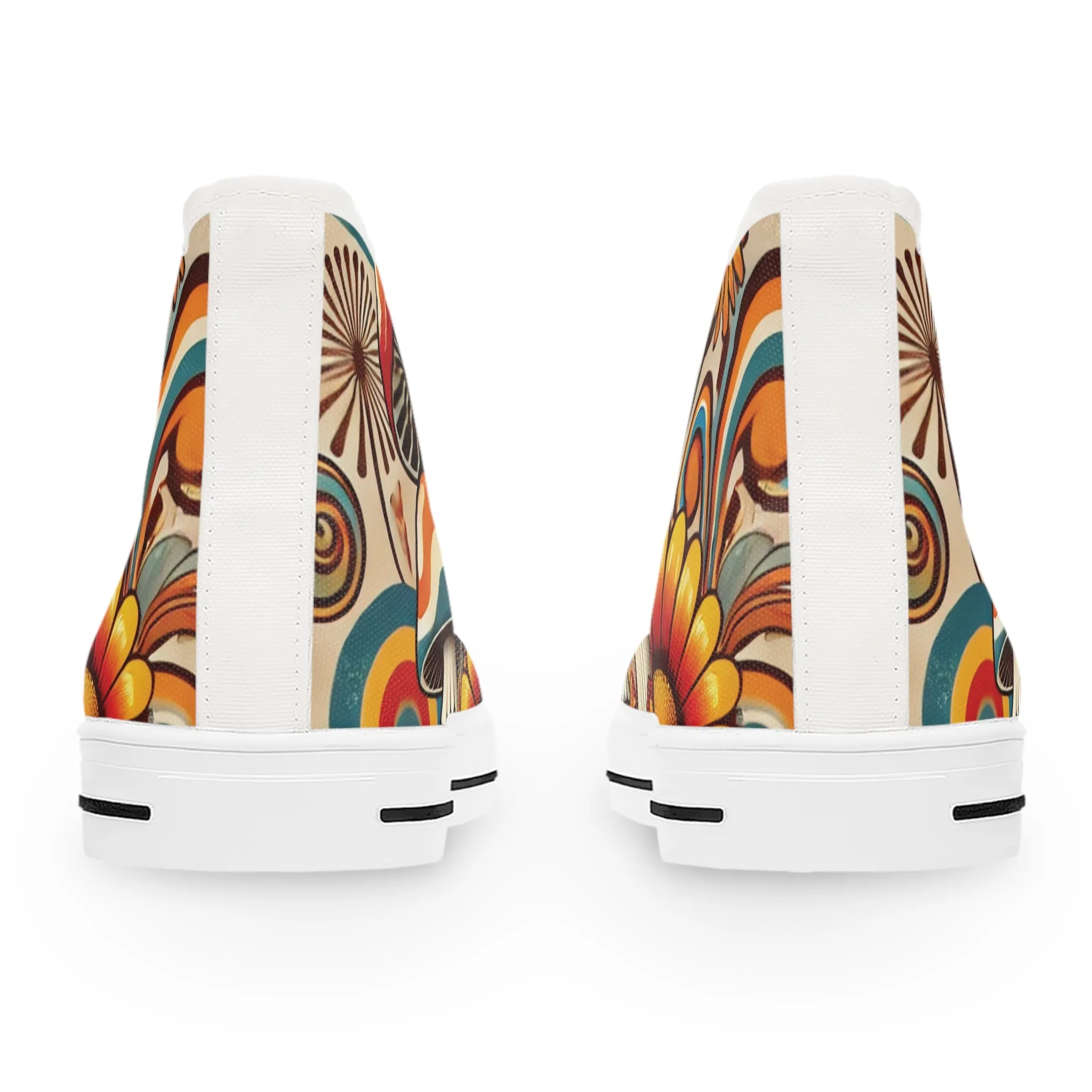 70s Mushroom Flower Power Bohemian Style High Top Sneakers with Floral and Mushroom Design