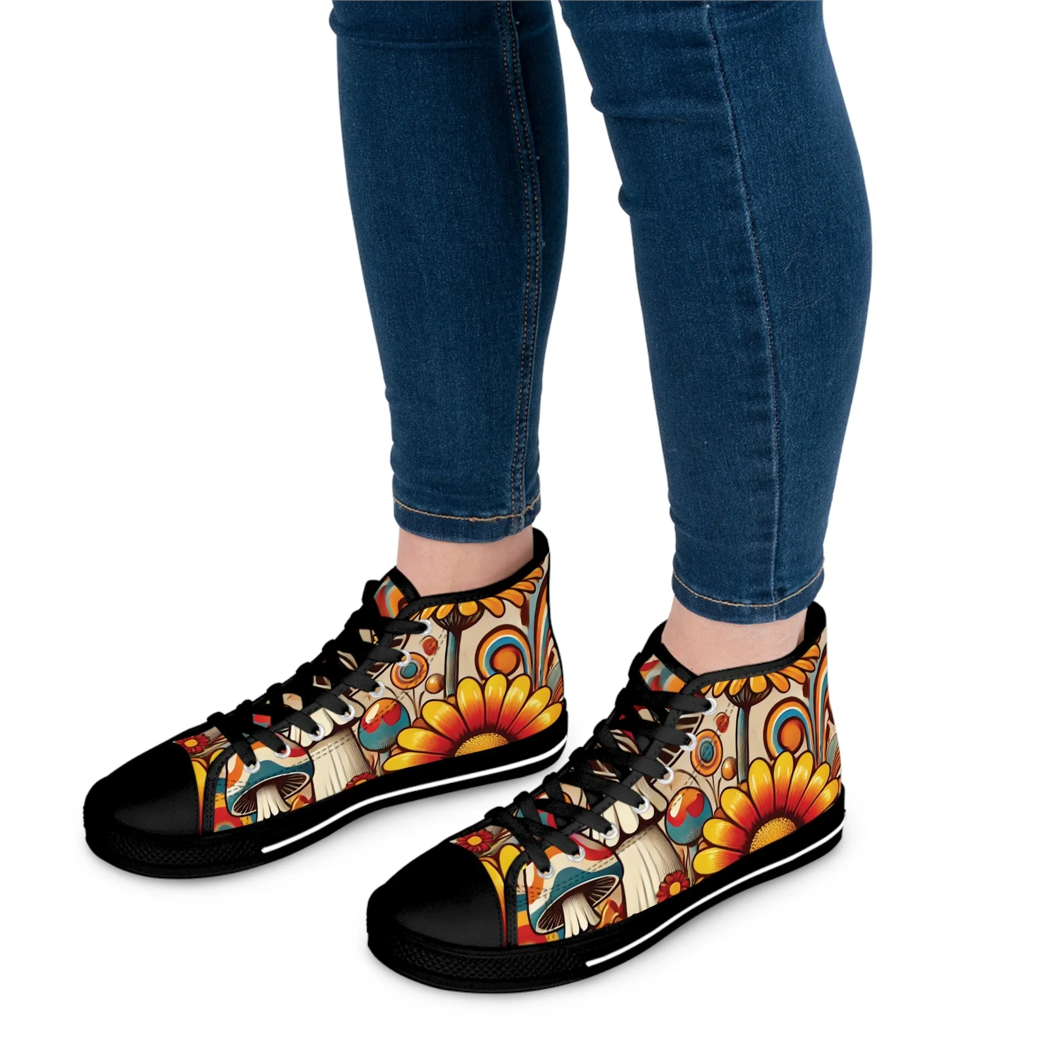 70s Mushroom Flower Power Bohemian Style High Top Sneakers with Floral and Mushroom Design