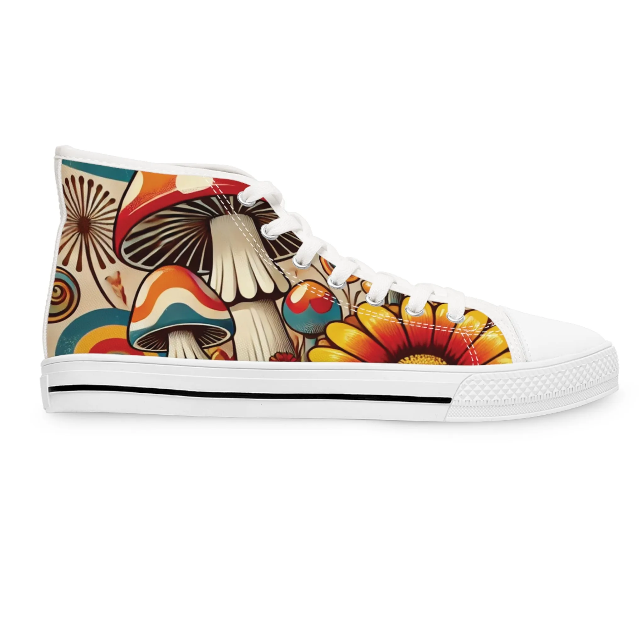 70s Mushroom Flower Power Bohemian Style High Top Sneakers with Floral and Mushroom Design
