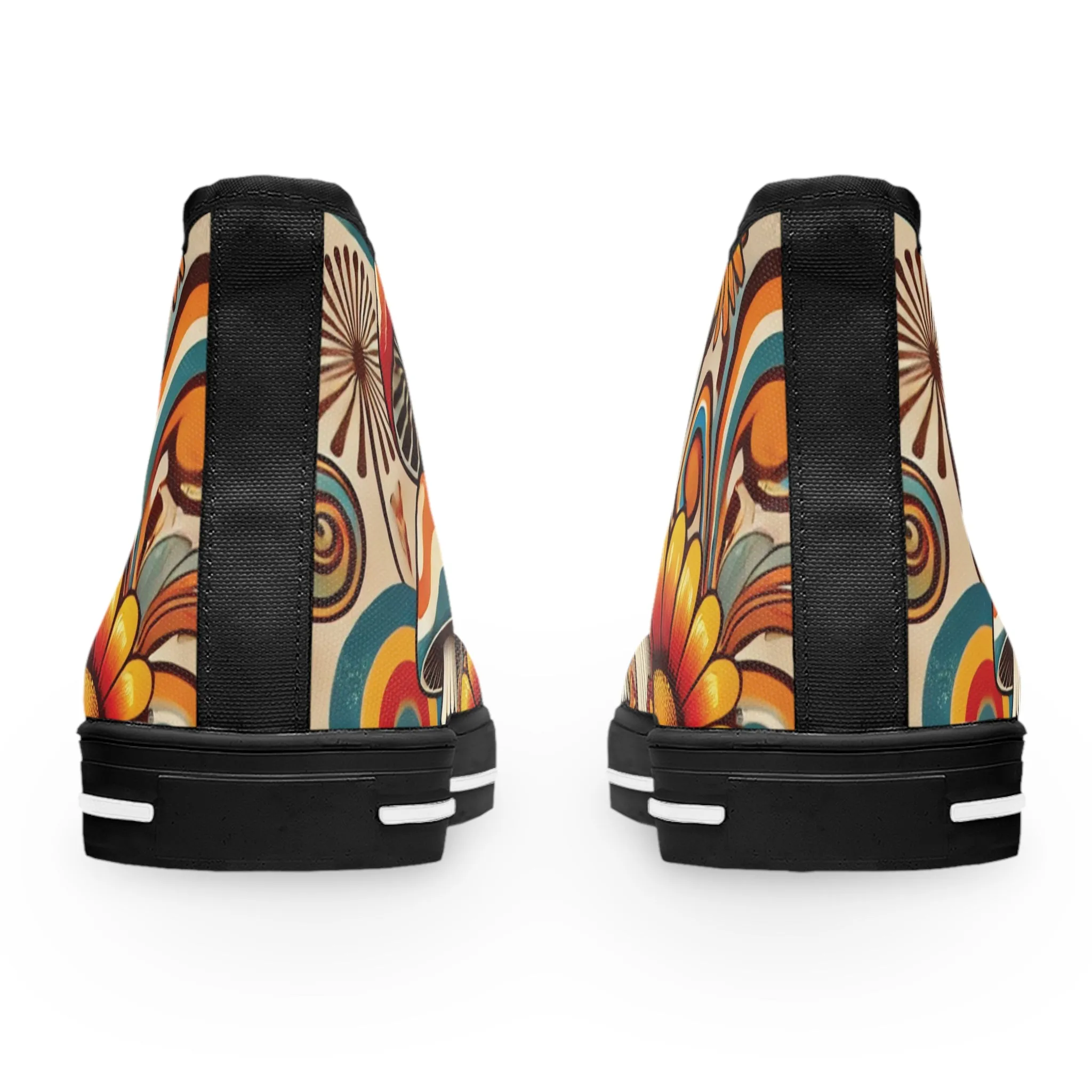 70s Mushroom Flower Power Bohemian Style High Top Sneakers with Floral and Mushroom Design