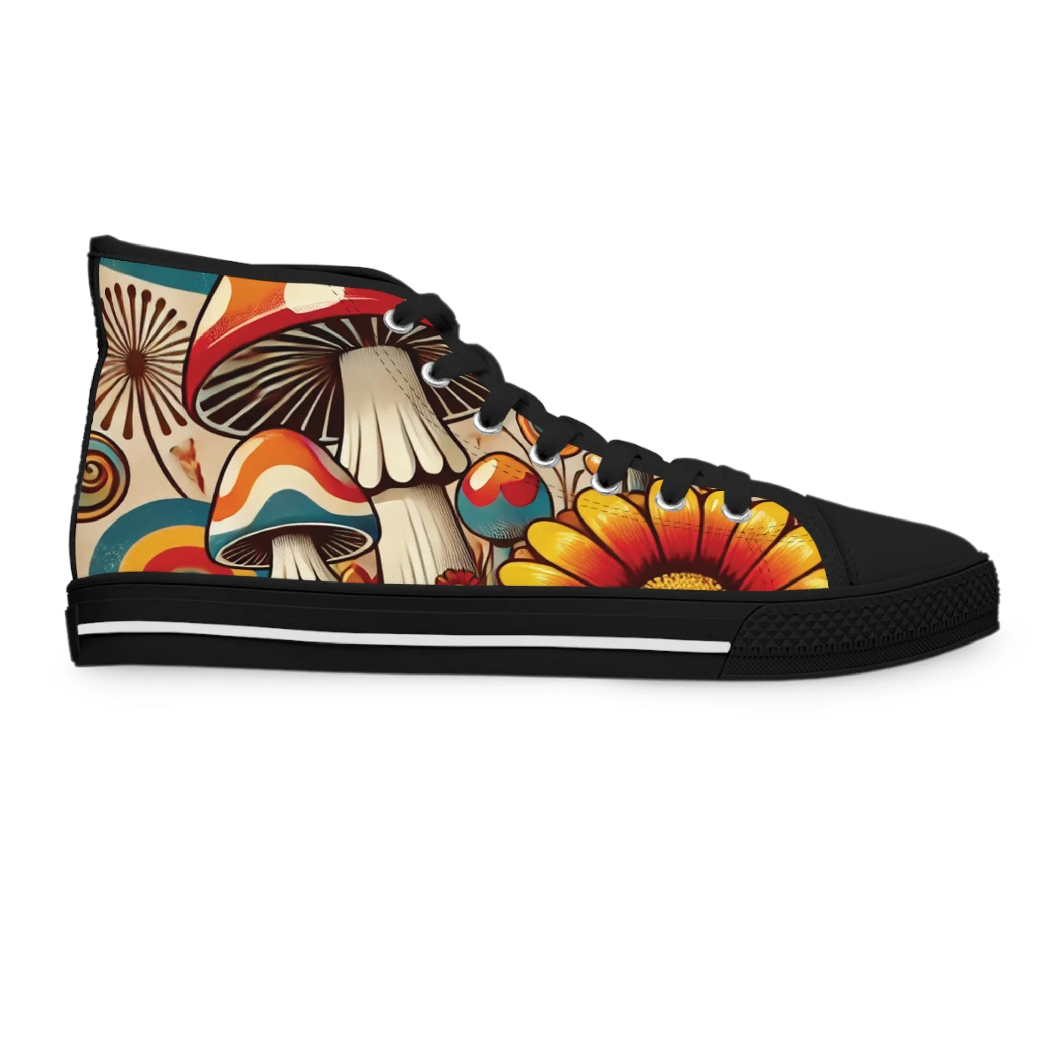 70s Mushroom Flower Power Bohemian Style High Top Sneakers with Floral and Mushroom Design