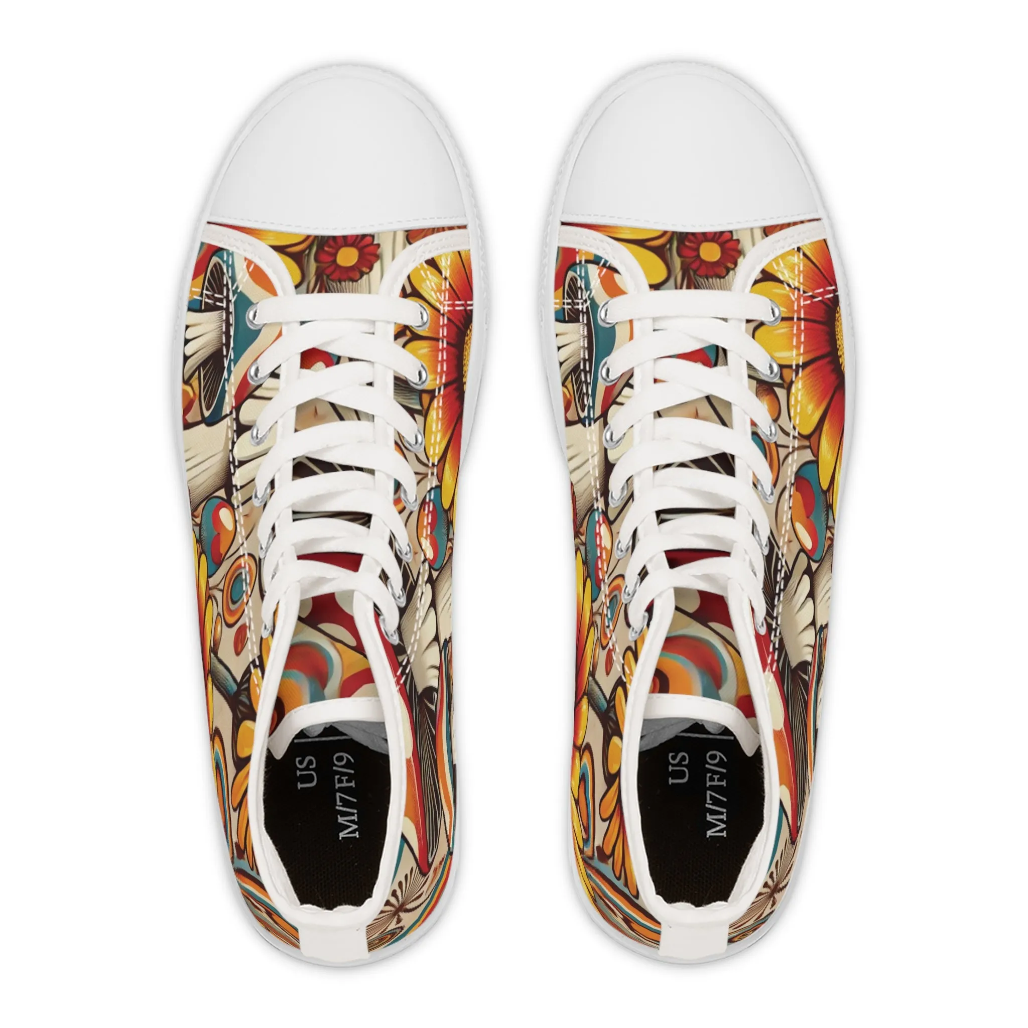 70s Mushroom Flower Power Bohemian Style High Top Sneakers with Floral and Mushroom Design