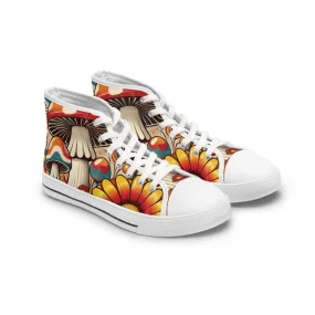 70s Mushroom Flower Power Bohemian Style High Top Sneakers with Floral and Mushroom Design