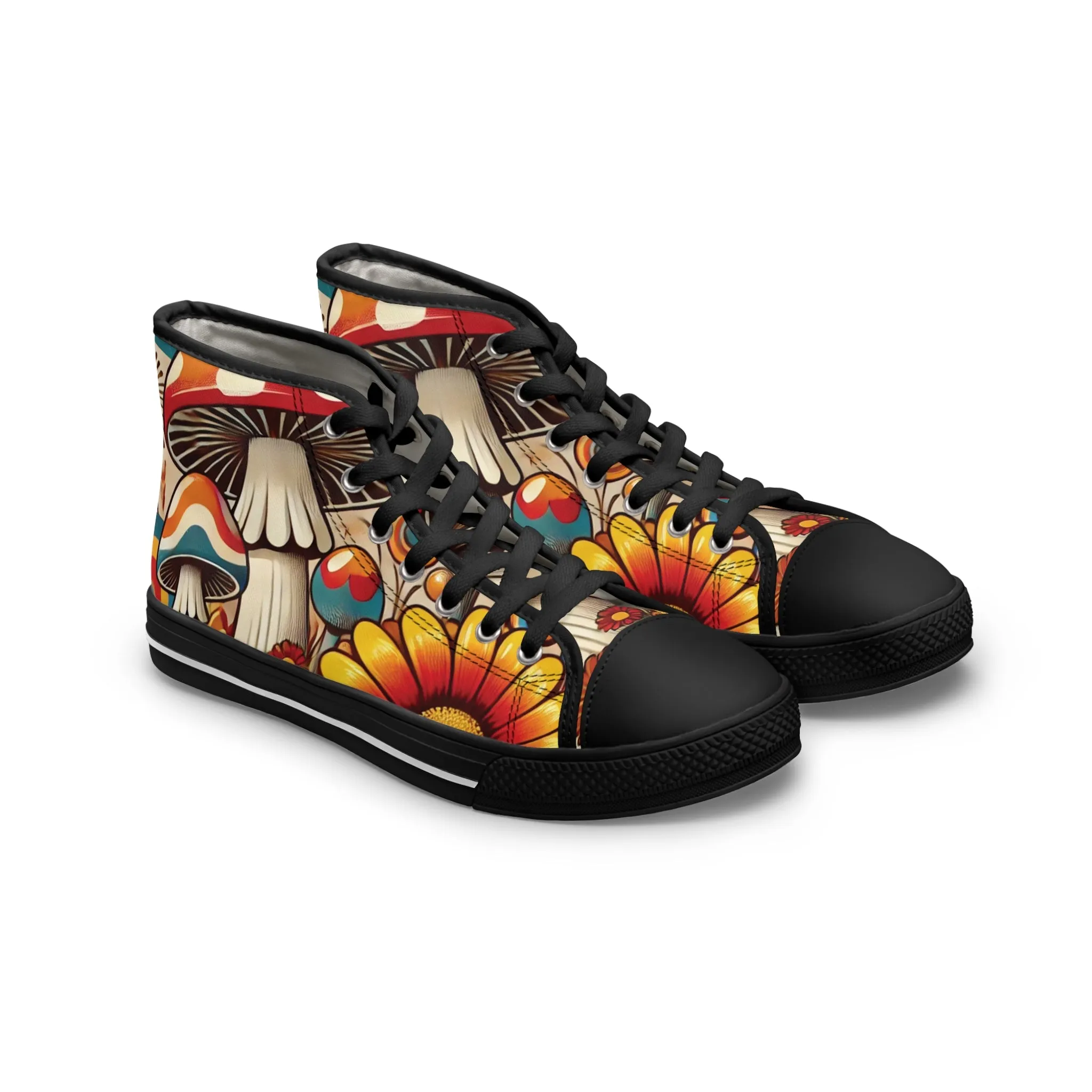 70s Mushroom Flower Power Bohemian Style High Top Sneakers with Floral and Mushroom Design