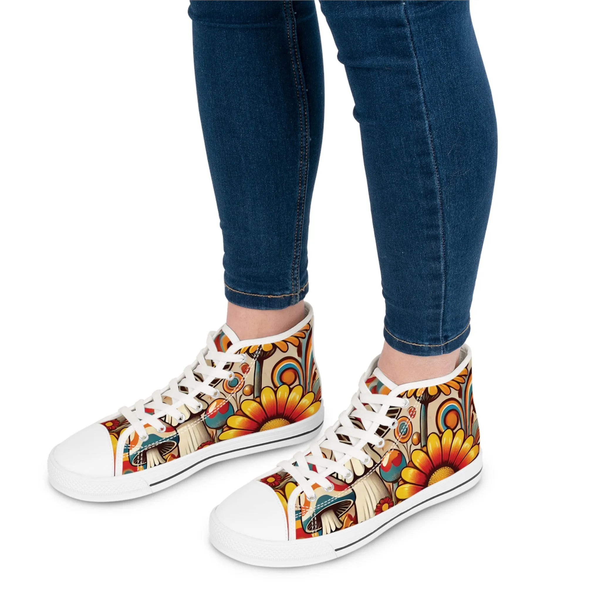 70s Mushroom Flower Power Bohemian Style High Top Sneakers with Floral and Mushroom Design