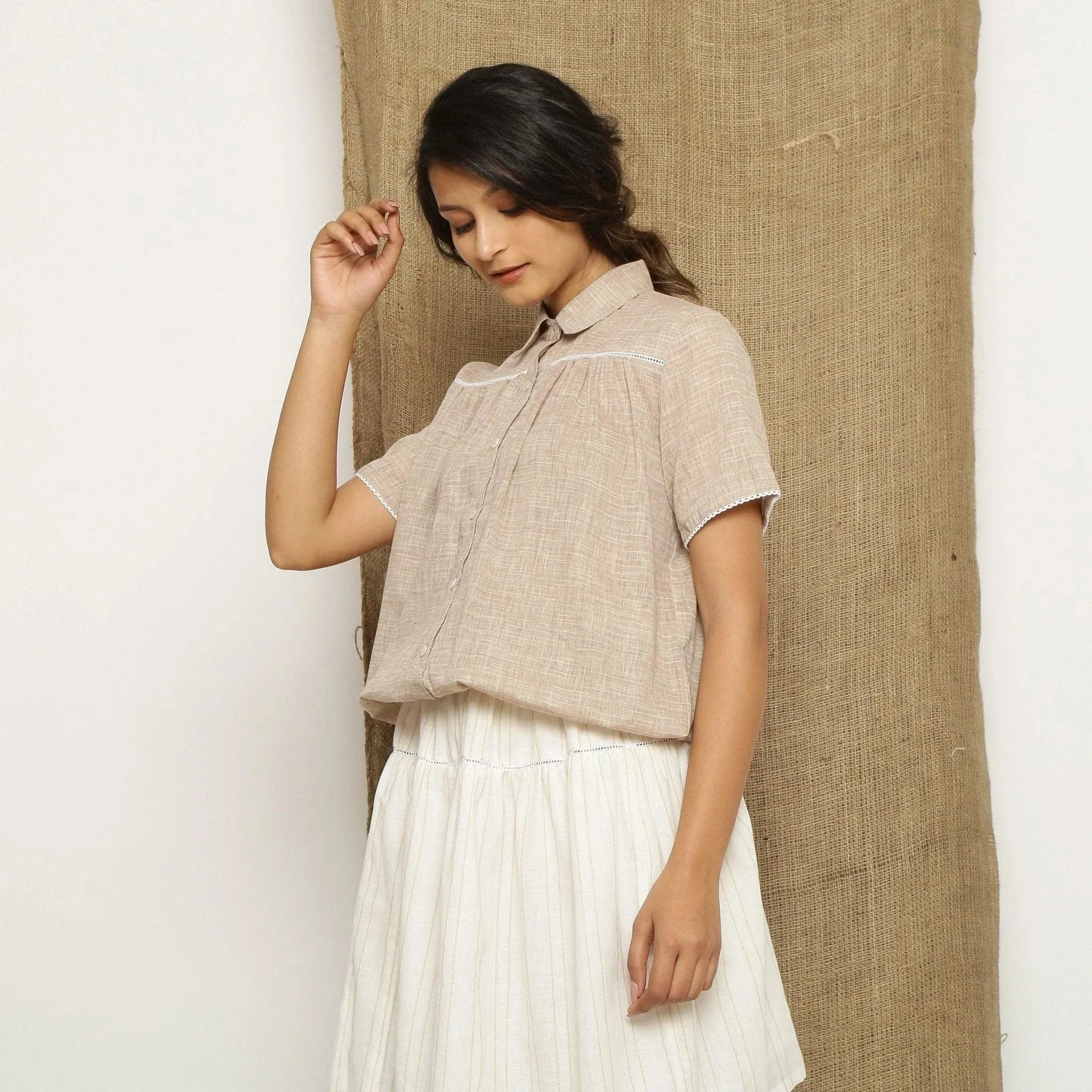 Beige Handspun Cotton Lace Button-Down Balloon Top