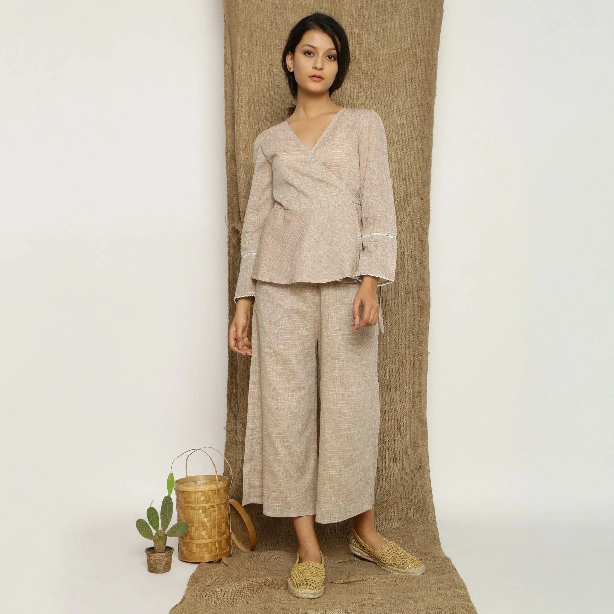 Beige Handspun Cotton Lace V-Neck Wrap Top