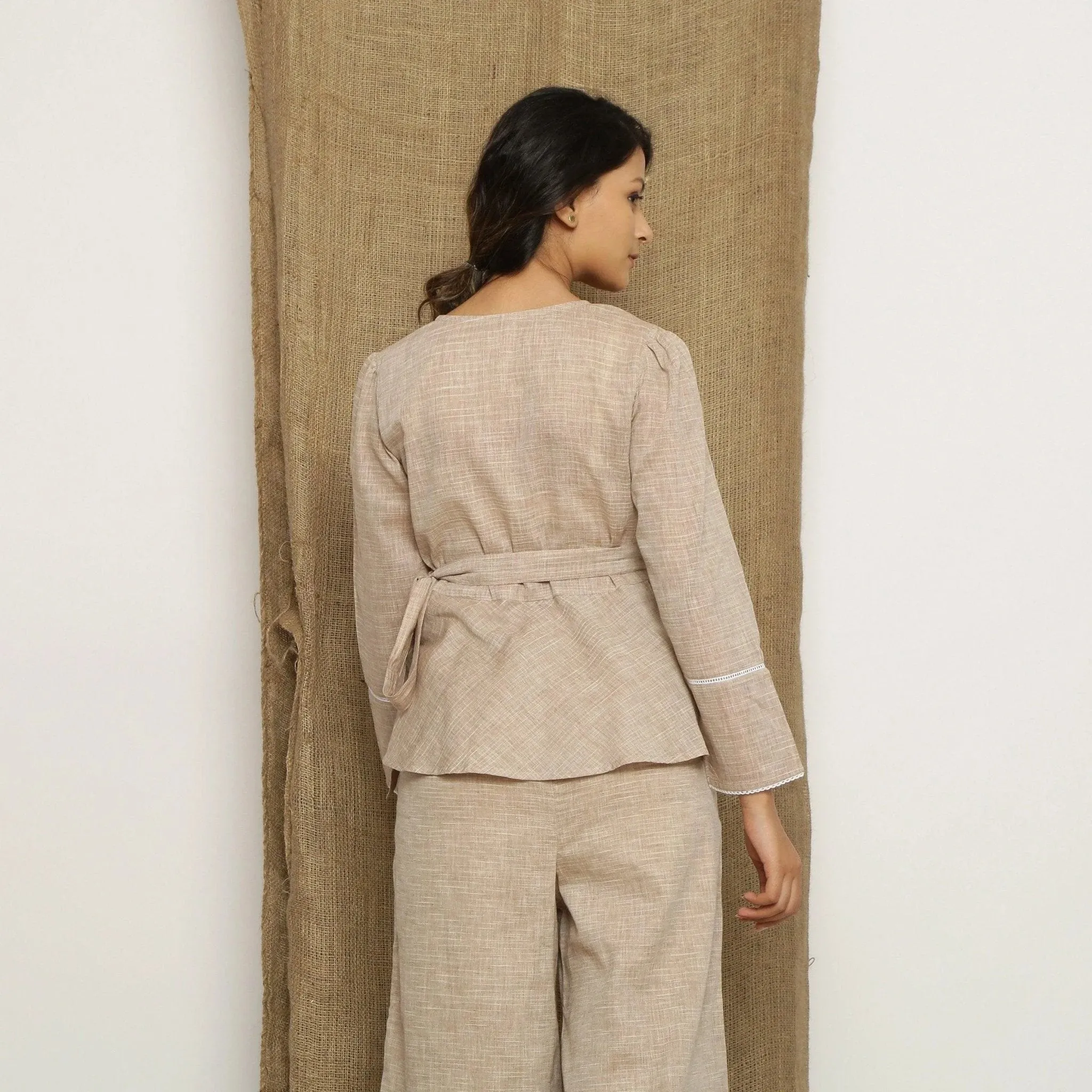 Beige Handspun Cotton Lace V-Neck Wrap Top