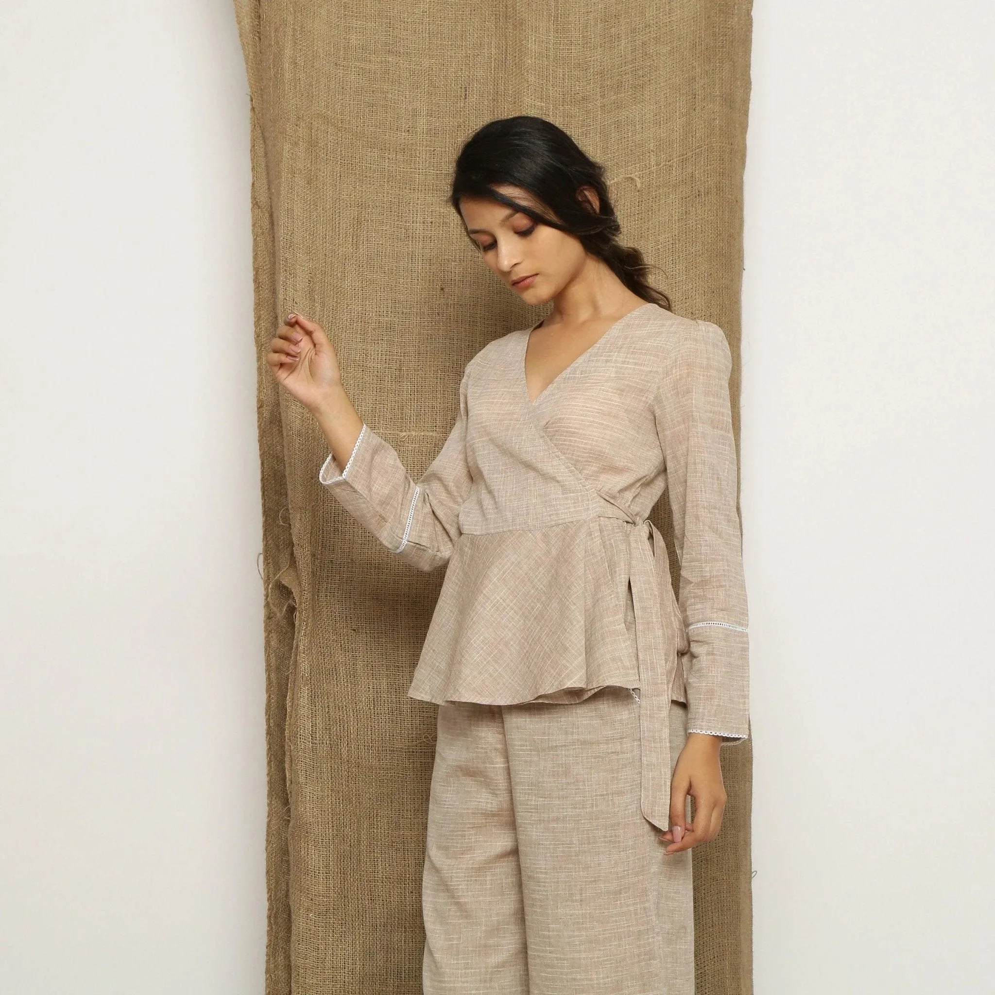 Beige Handspun Cotton Lace V-Neck Wrap Top