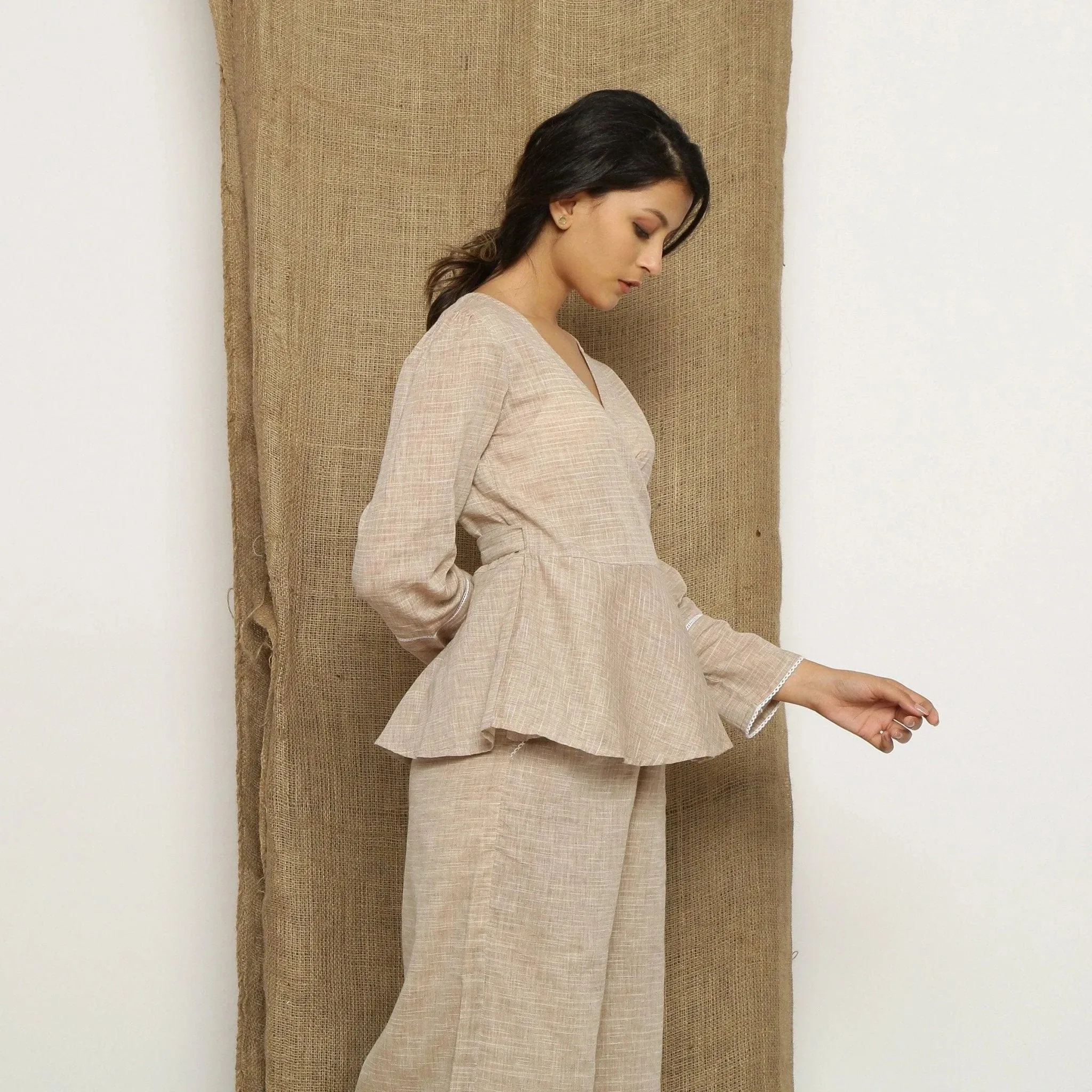 Beige Handspun Cotton Lace V-Neck Wrap Top