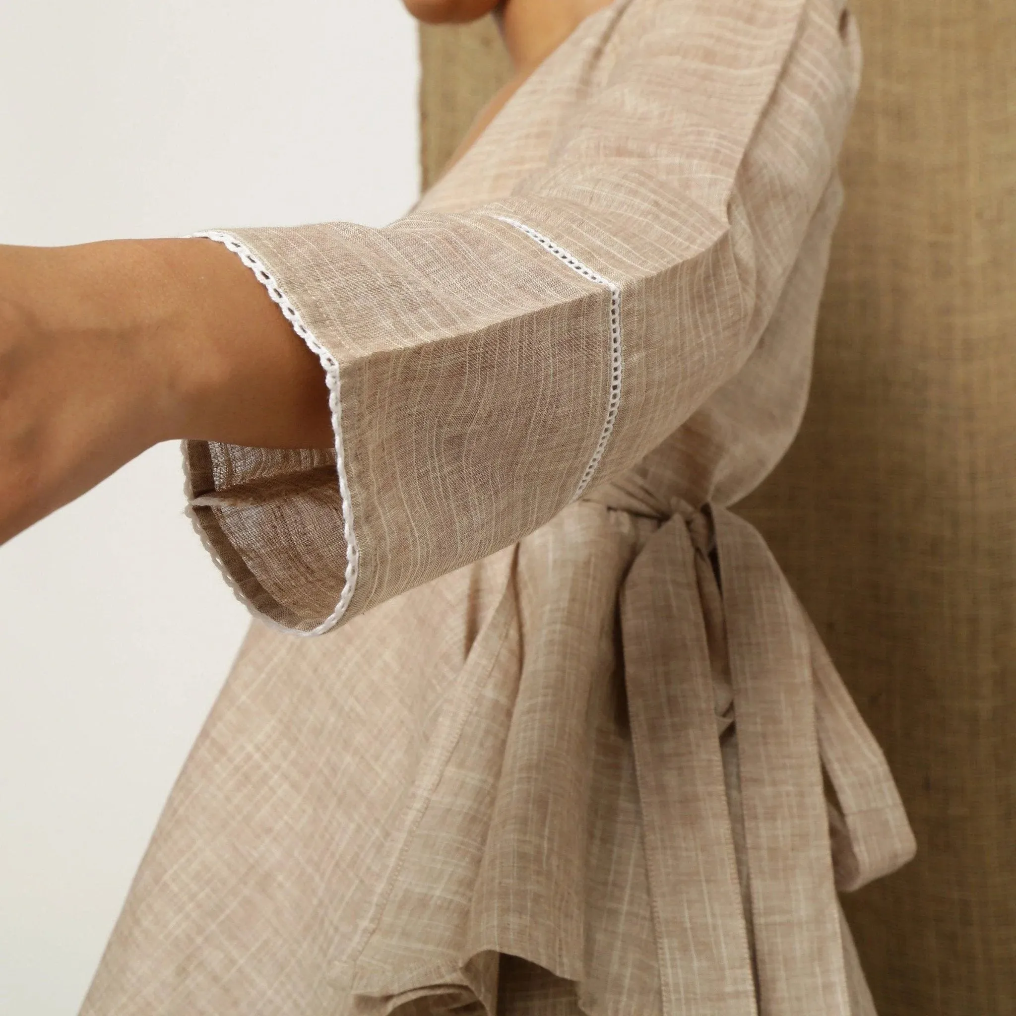Beige Handspun Cotton Lace V-Neck Wrap Top