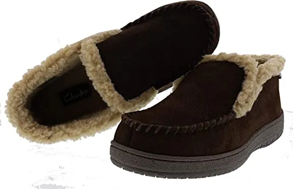 Clarks Brown Suede Moccasin Faux Fur Lining Indoor Outdoor Bootie Slippers