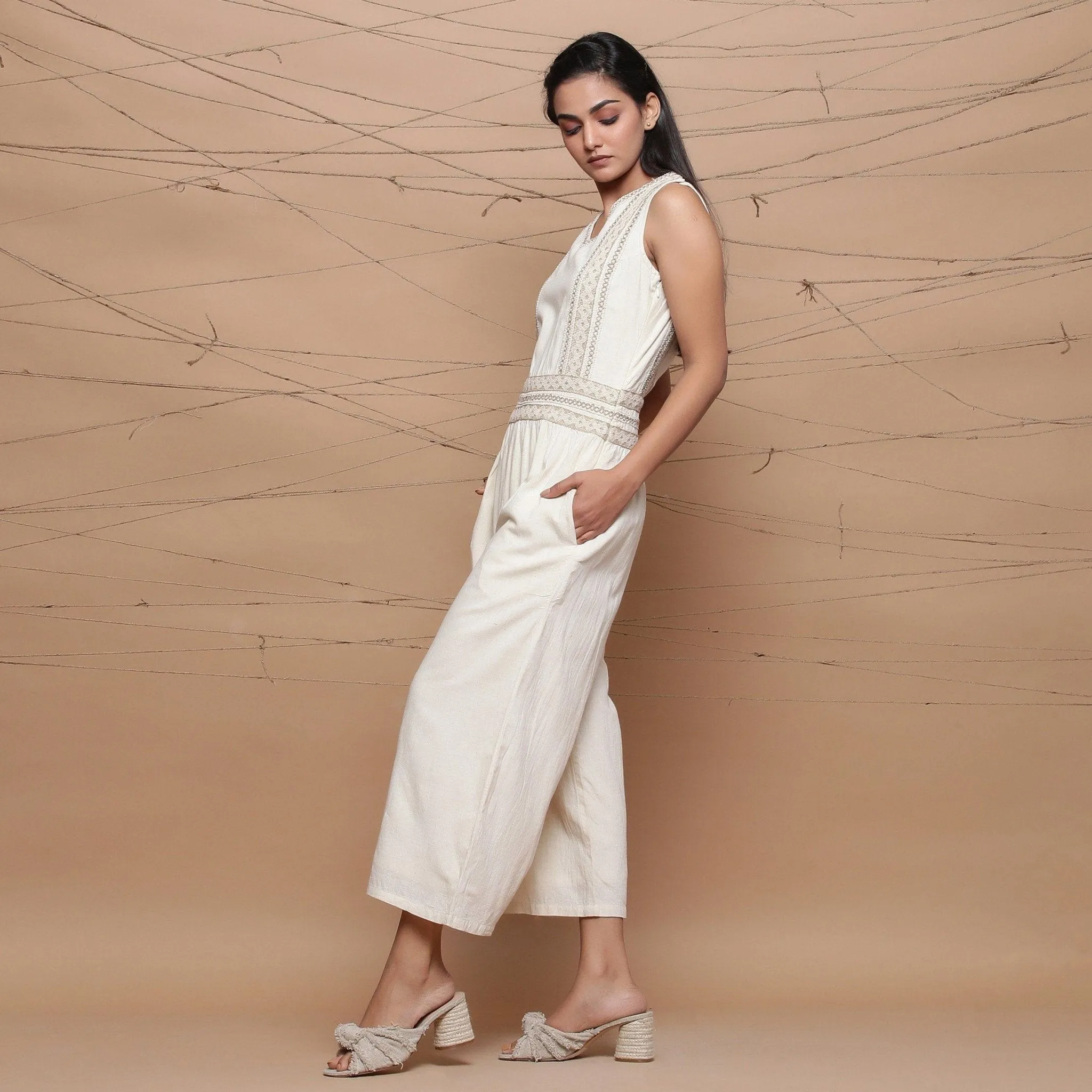 Ecru Handspun Cotton Jute Lace Midi Jumpsuit