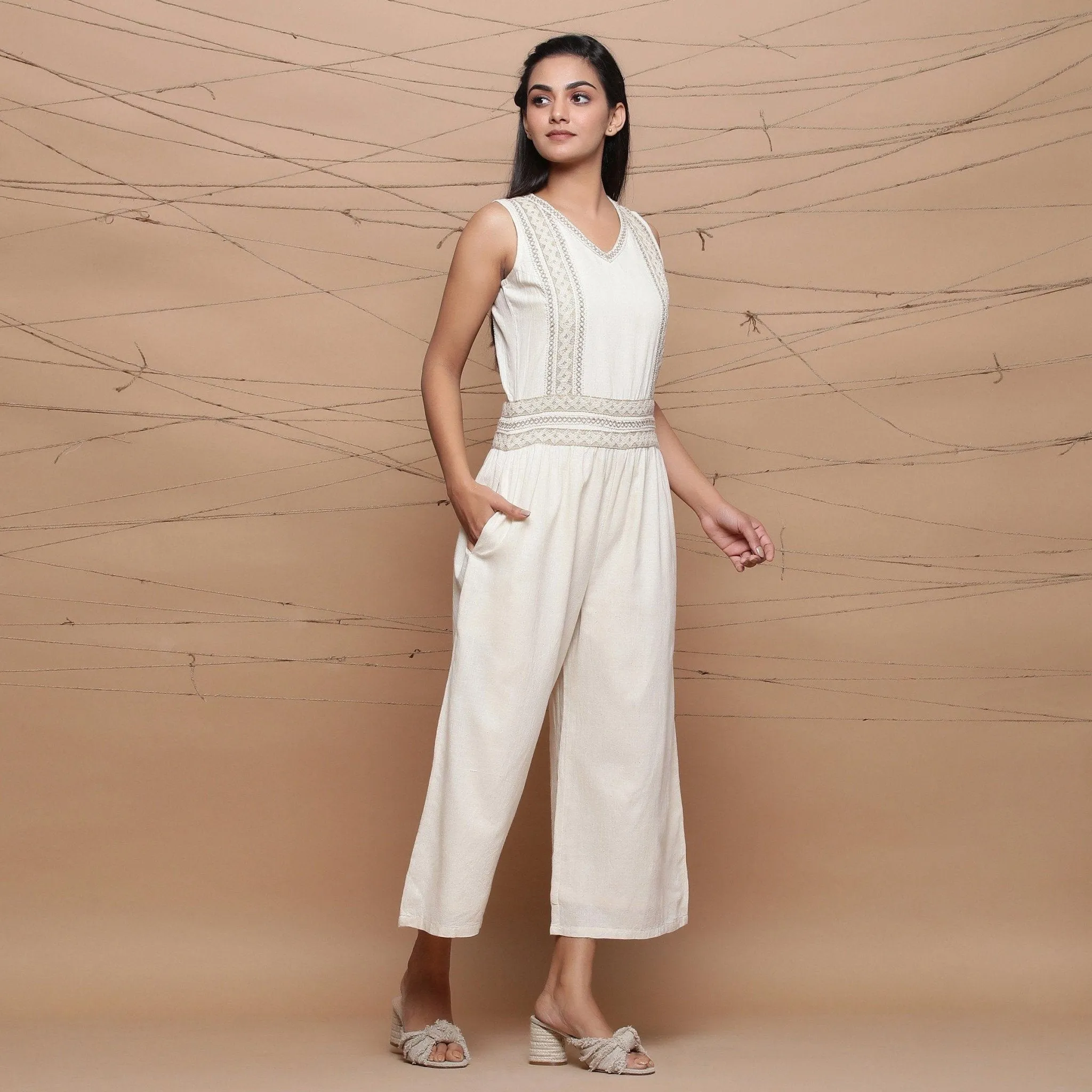 Ecru Handspun Cotton Jute Lace Midi Jumpsuit