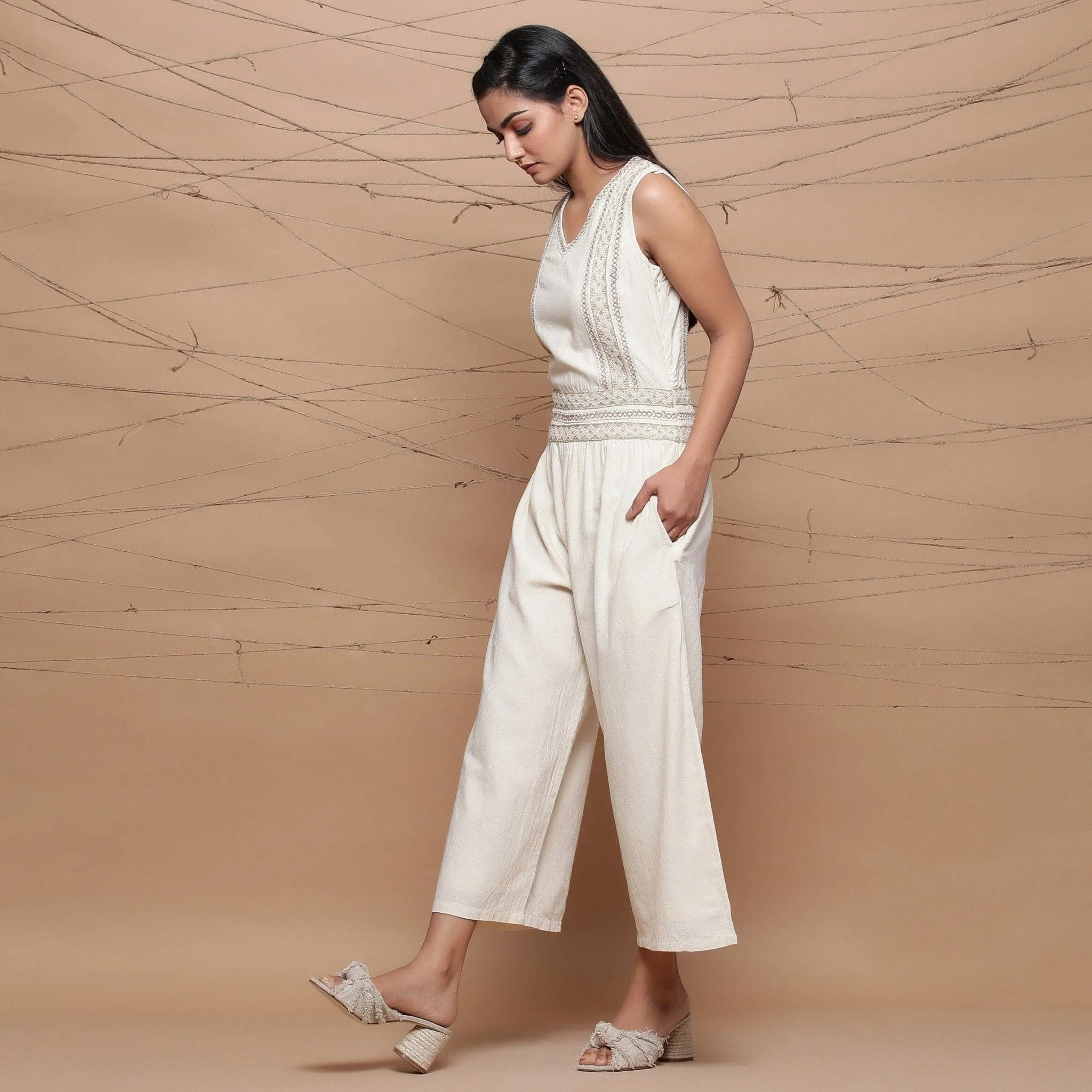 Ecru Handspun Cotton Jute Lace Midi Jumpsuit