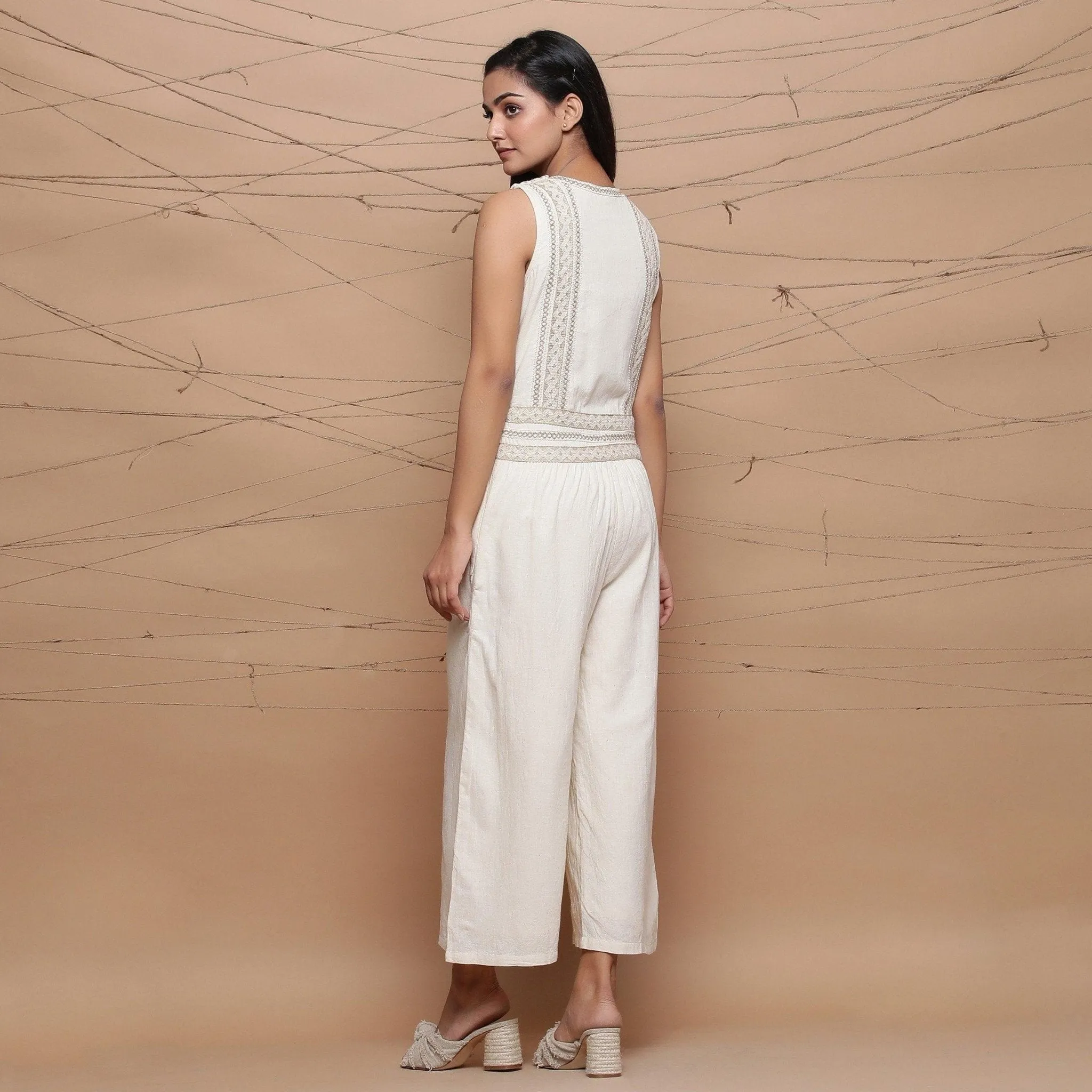 Ecru Handspun Cotton Jute Lace Midi Jumpsuit