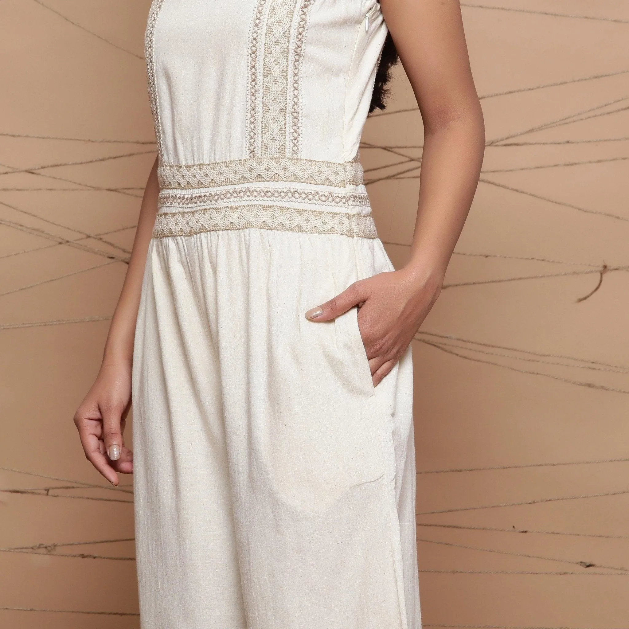 Ecru Handspun Cotton Jute Lace Midi Jumpsuit