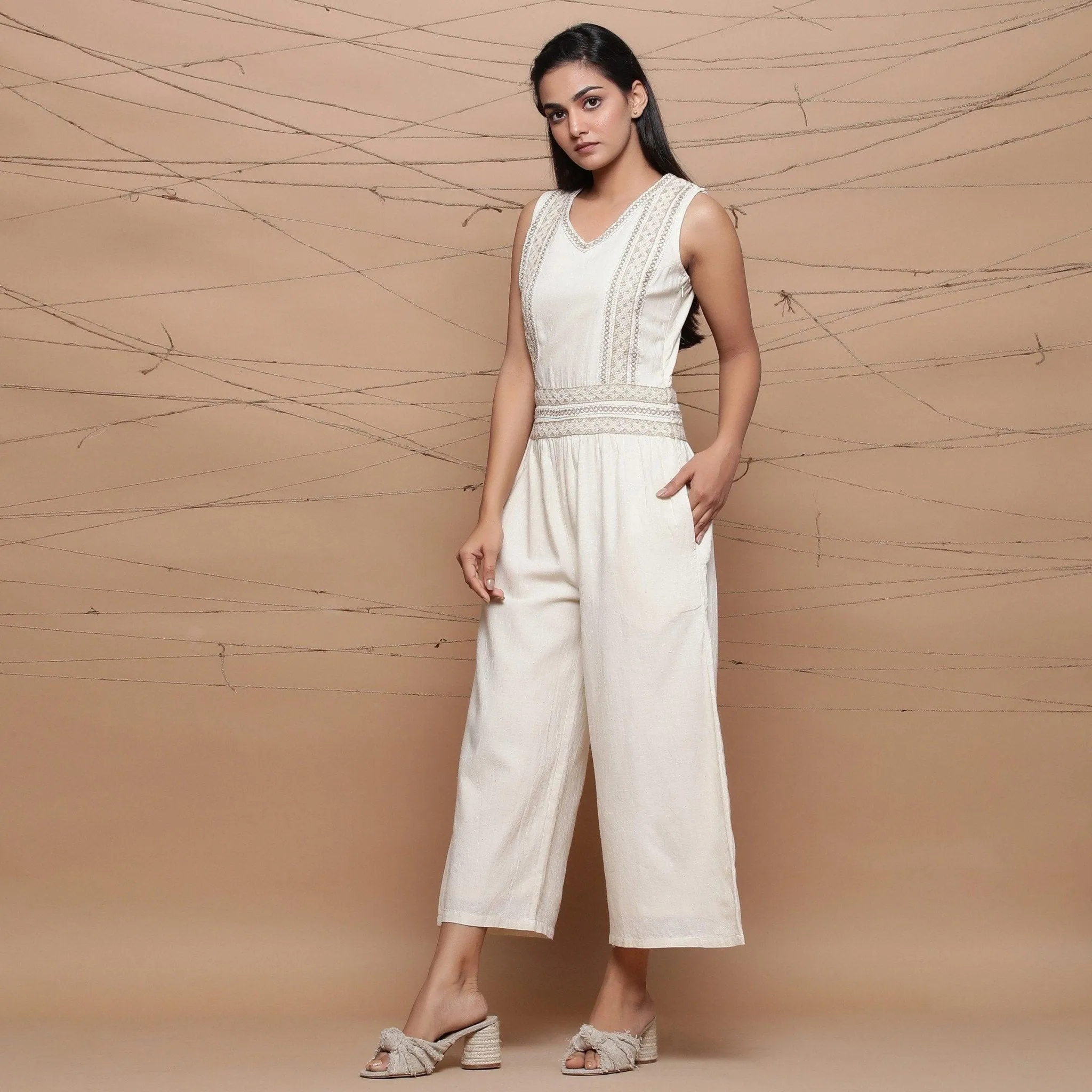 Ecru Handspun Cotton Jute Lace Midi Jumpsuit