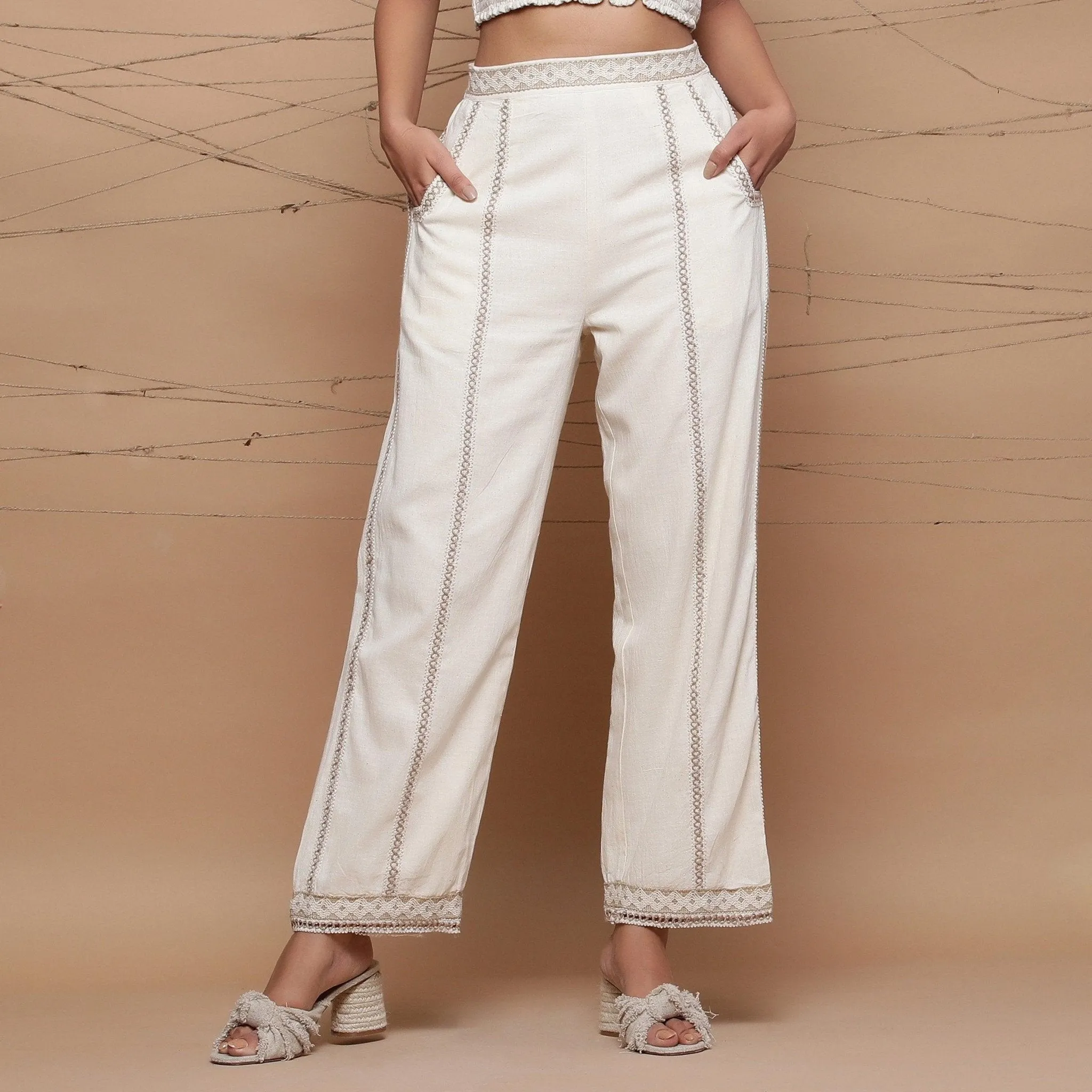 Ecru Jute Laced Cotton Muslin Mid-Rise Elasticated Pant