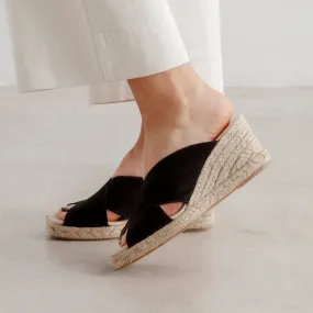 Genoa Cross Strap Vegan Suede Espadrille Wedges - Black