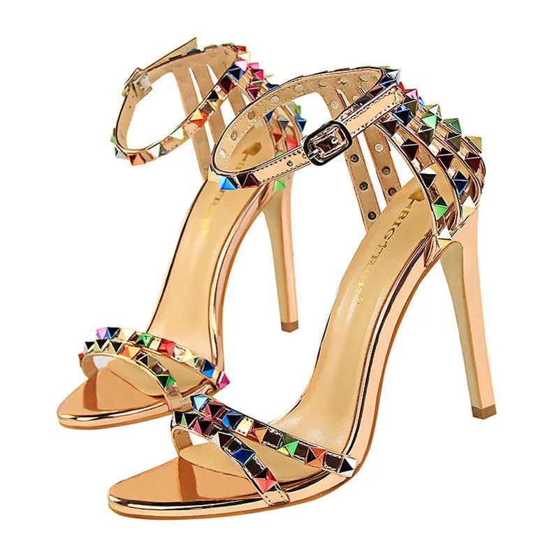 Glitter Studded Stiletto High Heels Sandals