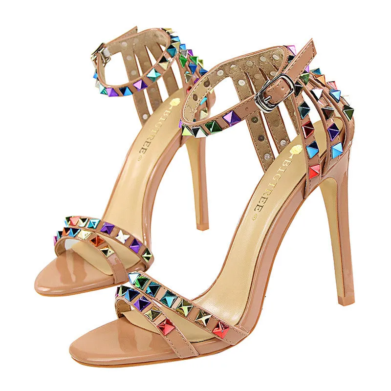 Glitter Studded Stiletto High Heels Sandals