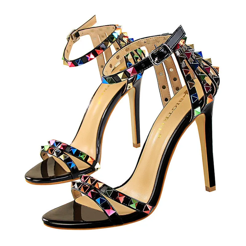 Glitter Studded Stiletto High Heels Sandals