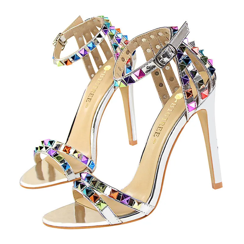 Glitter Studded Stiletto High Heels Sandals
