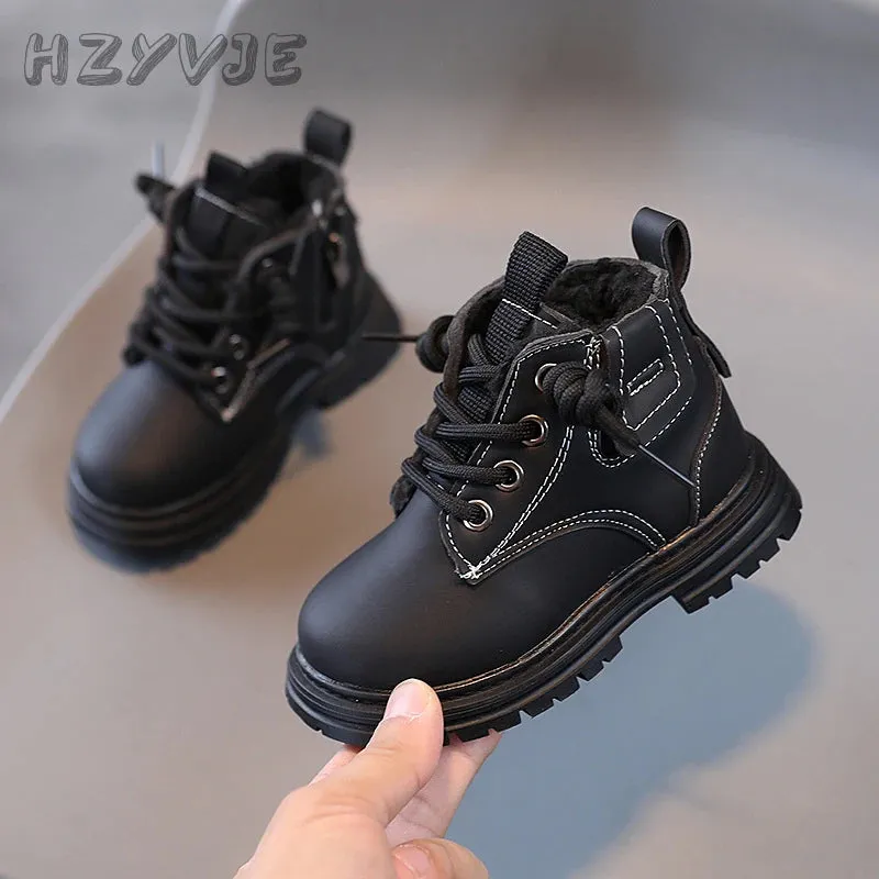 Kids' Winter Thickened Anti-Slip Leather Boots with Side Zipper