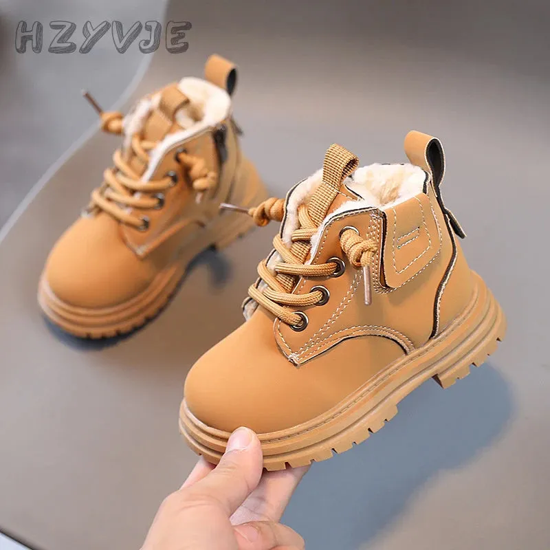 Kids' Winter Thickened Anti-Slip Leather Boots with Side Zipper