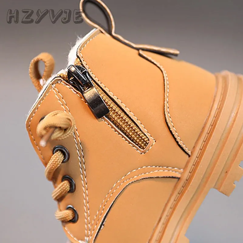 Kids' Winter Thickened Anti-Slip Leather Boots with Side Zipper