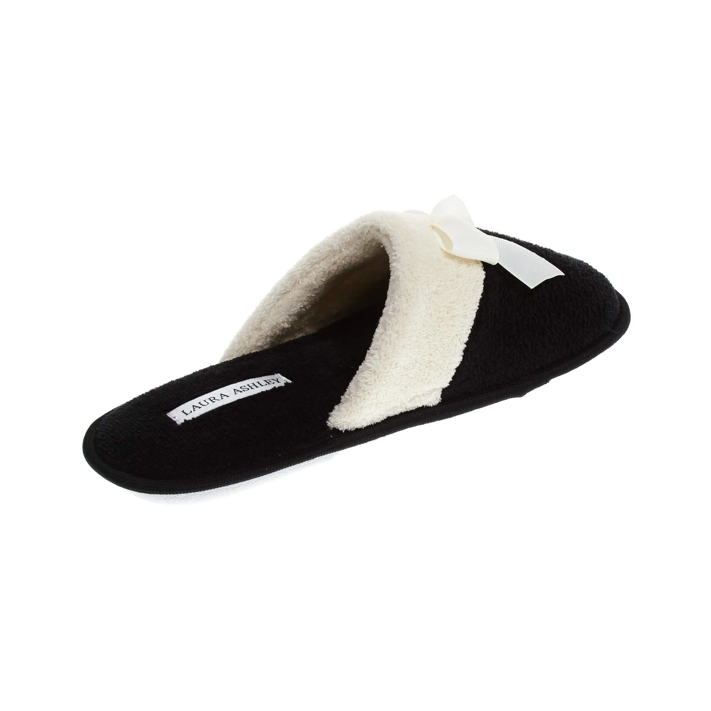 Laura Ashley Ladies Terry Scuff Slipper with Bow, Black, Medium