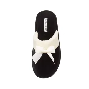 Laura Ashley Ladies Terry Scuff Slipper with Bow, Black, Medium