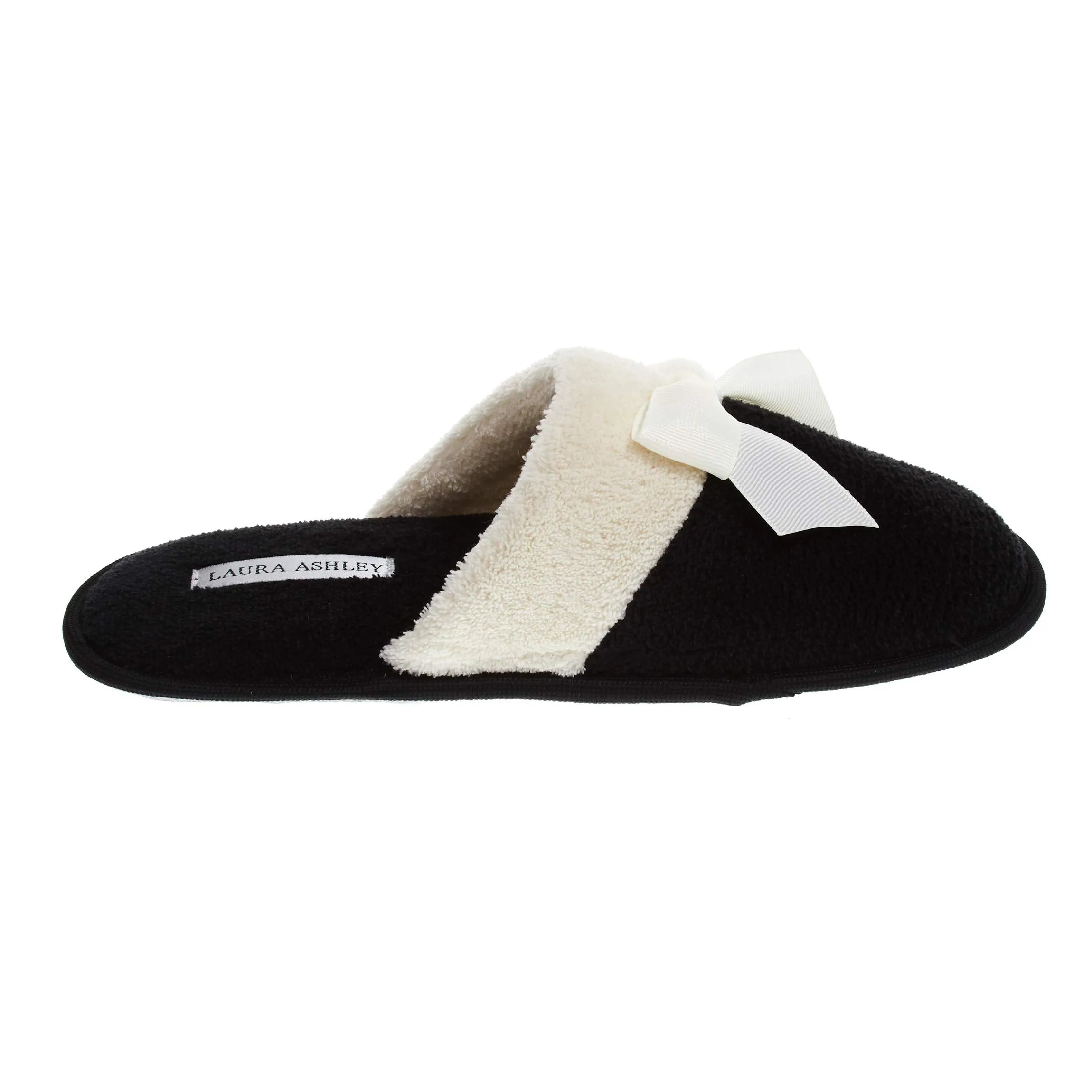 Laura Ashley Ladies Terry Scuff Slipper with Bow, Black, Medium
