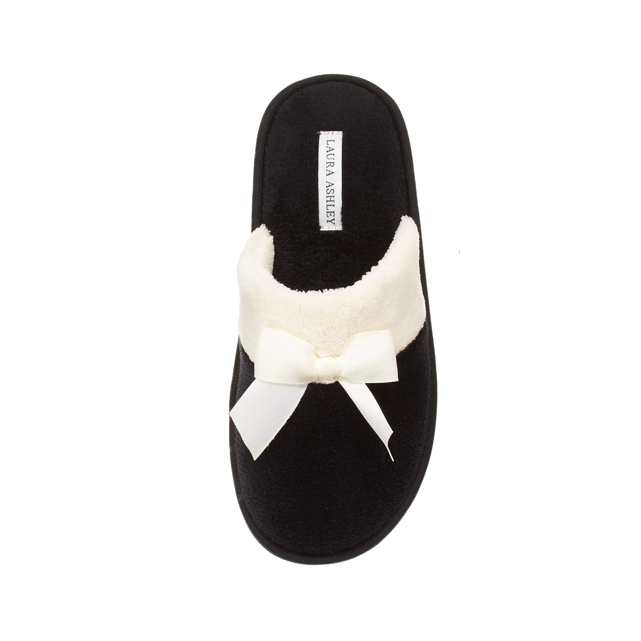 Laura Ashley Ladies Terry Scuff Slipper with Bow, Black, Medium
