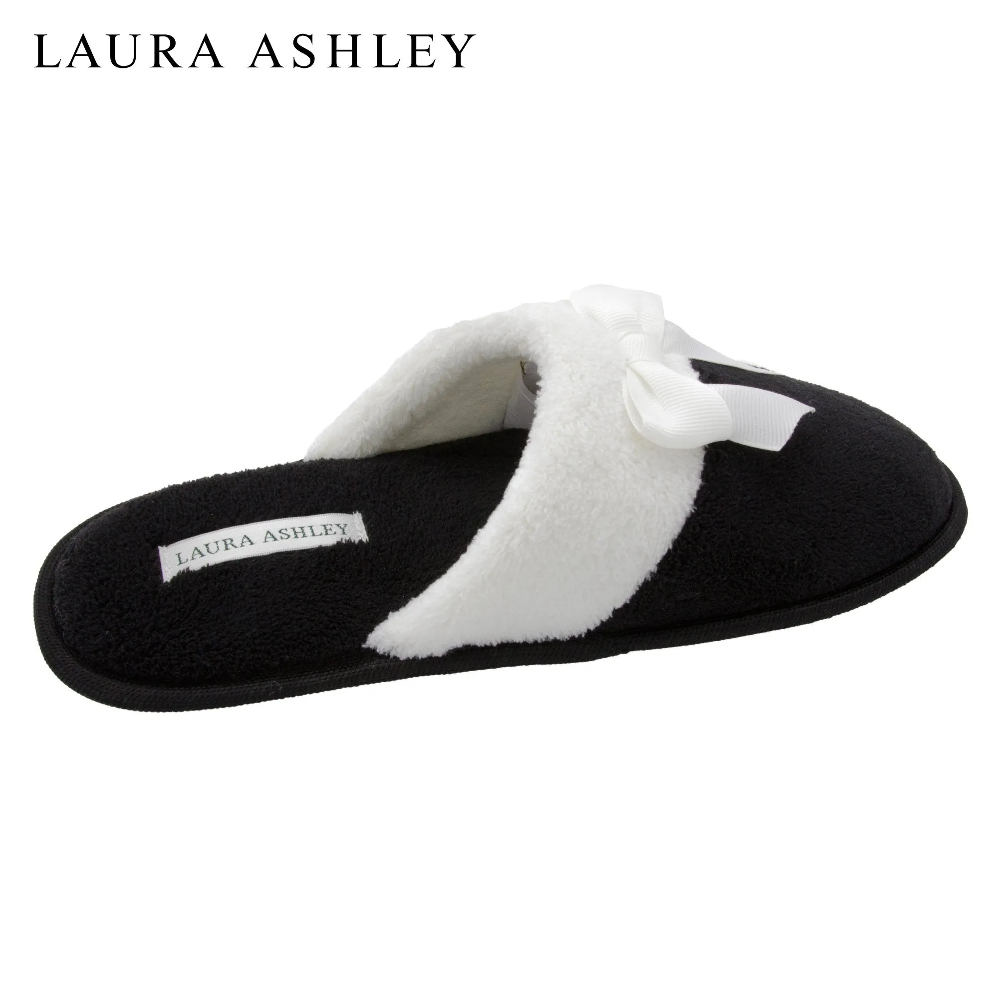 Laura Ashley Ladies Terry Scuff Slipper with Bow Black Size XL
