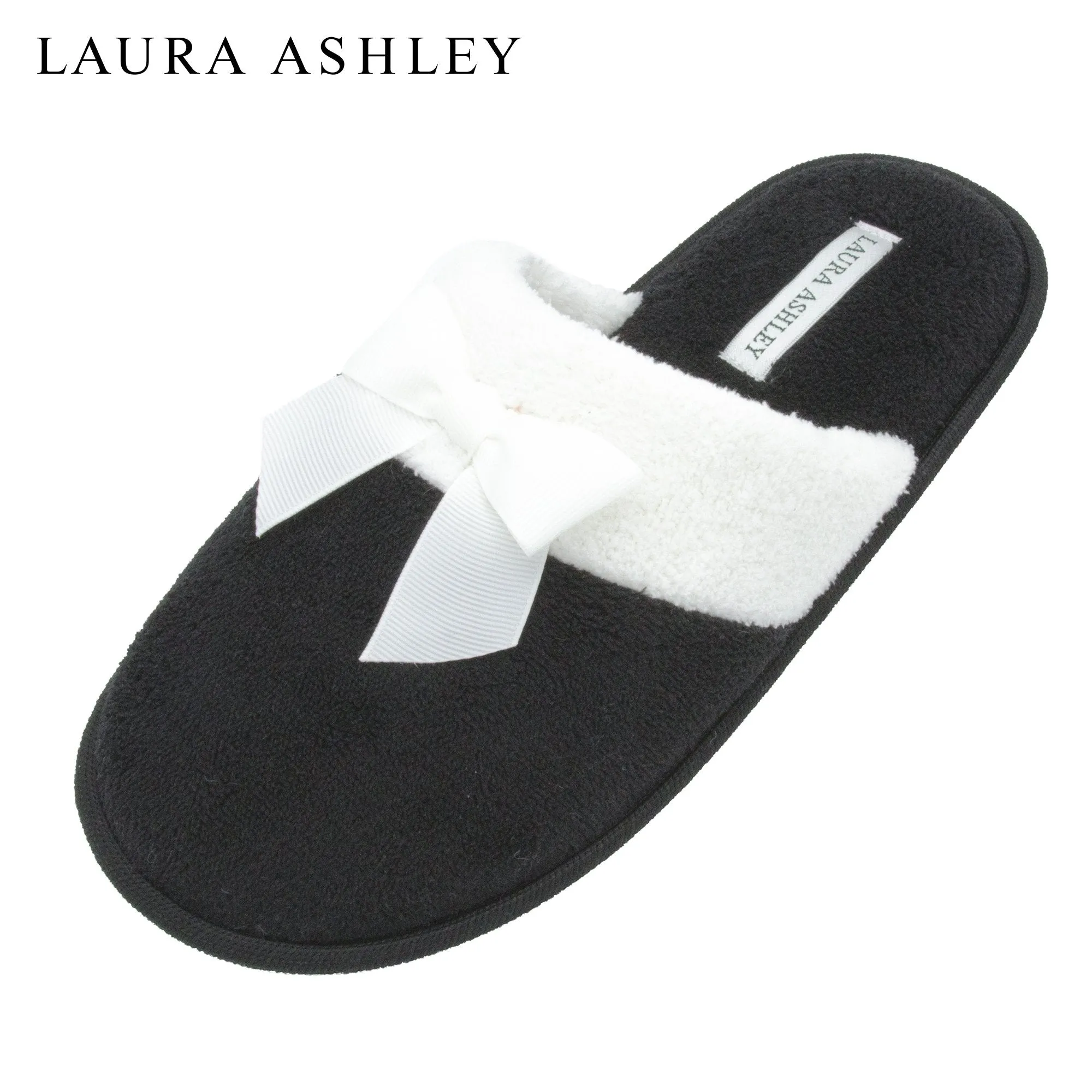 Laura Ashley Ladies Terry Scuff Slipper with Bow Black Size XL