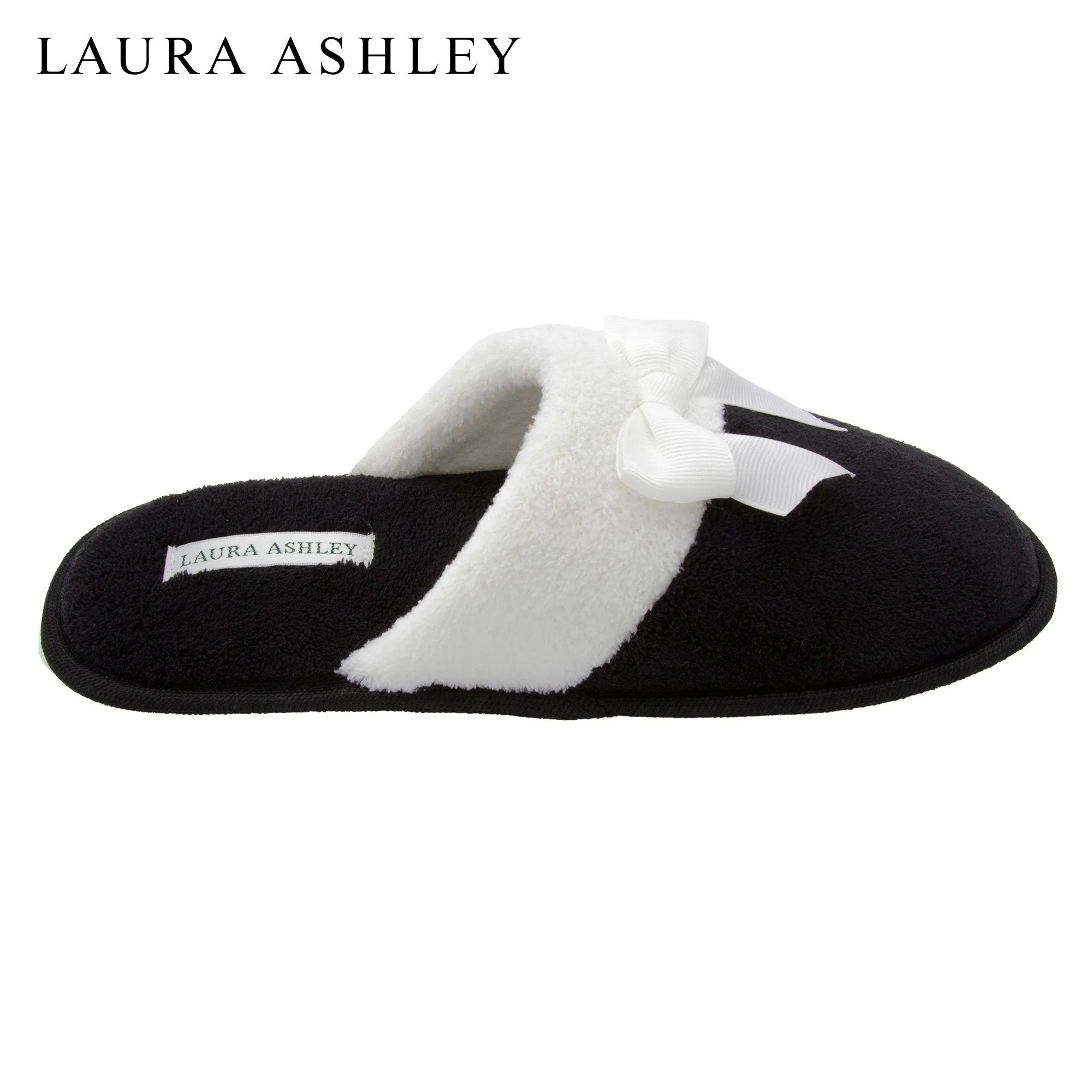 Laura Ashley Ladies Terry Scuff Slipper with Bow Black Size XL