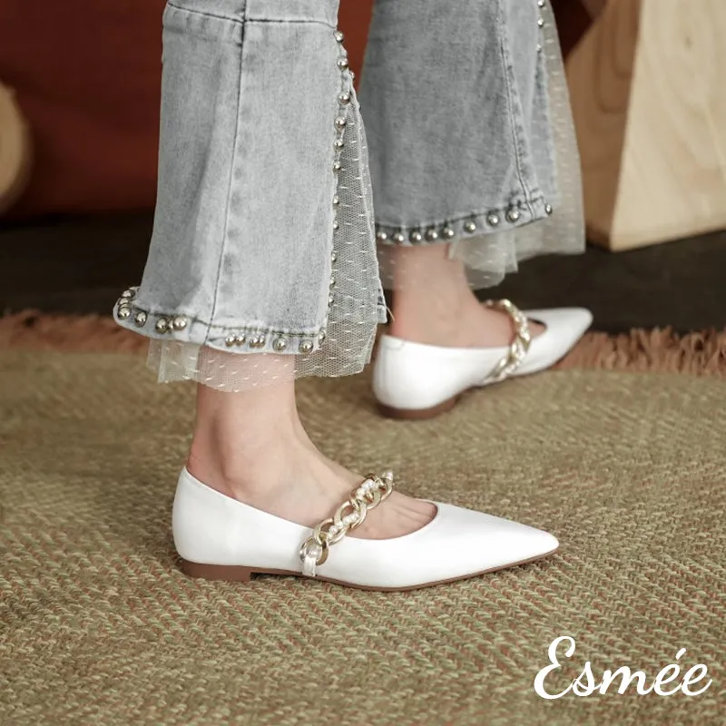 Leather Pointed Toe Flats with Golden Chain Straps