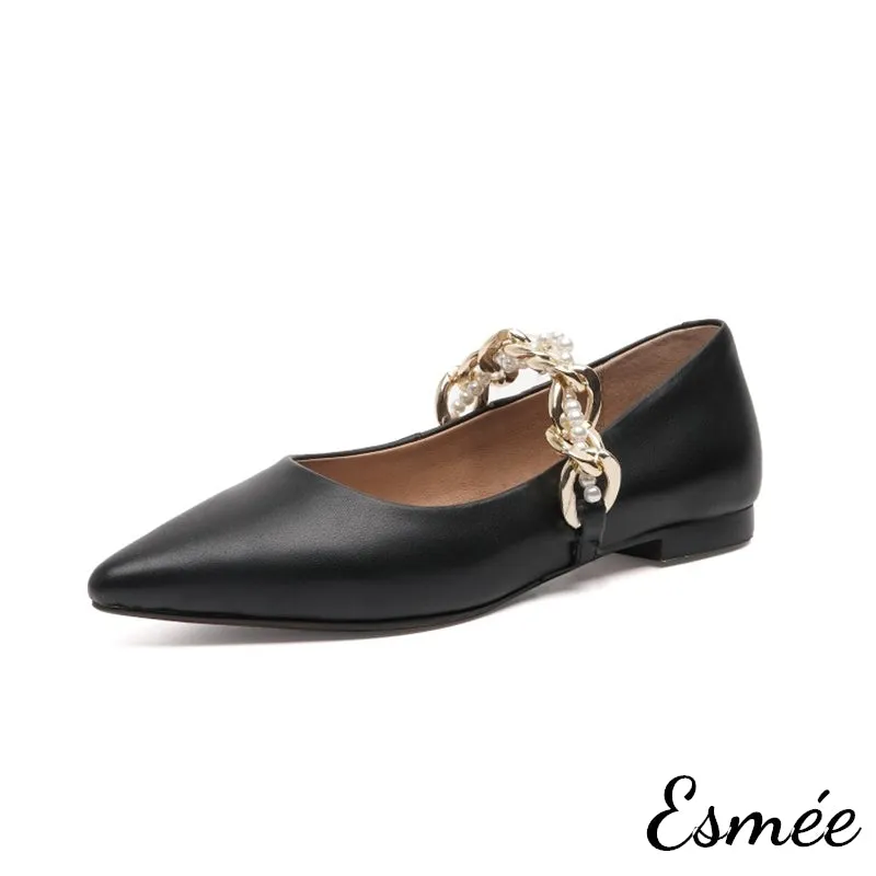 Leather Pointed Toe Flats with Golden Chain Straps