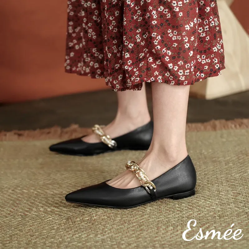 Leather Pointed Toe Flats with Golden Chain Straps