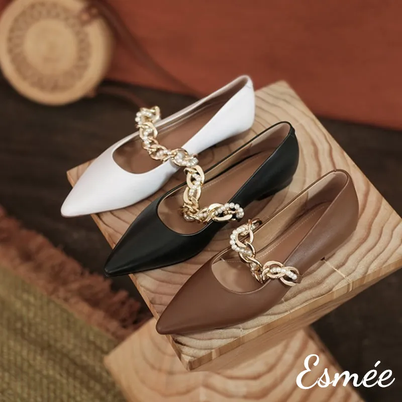 Leather Pointed Toe Flats with Golden Chain Straps