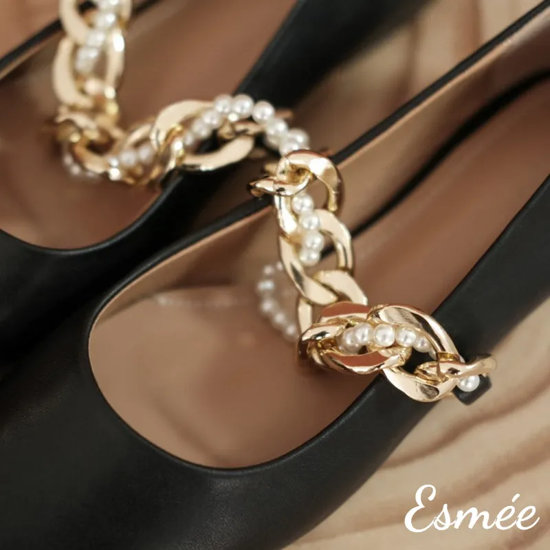 Leather Pointed Toe Flats with Golden Chain Straps