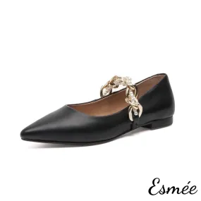 Leather Pointed Toe Flats with Golden Chain Straps