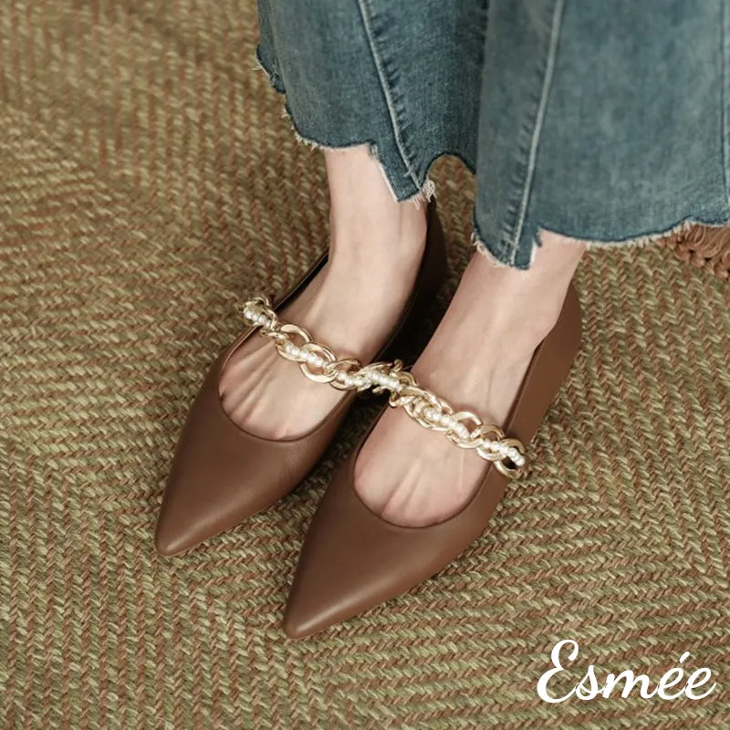Leather Pointed Toe Flats with Golden Chain Straps