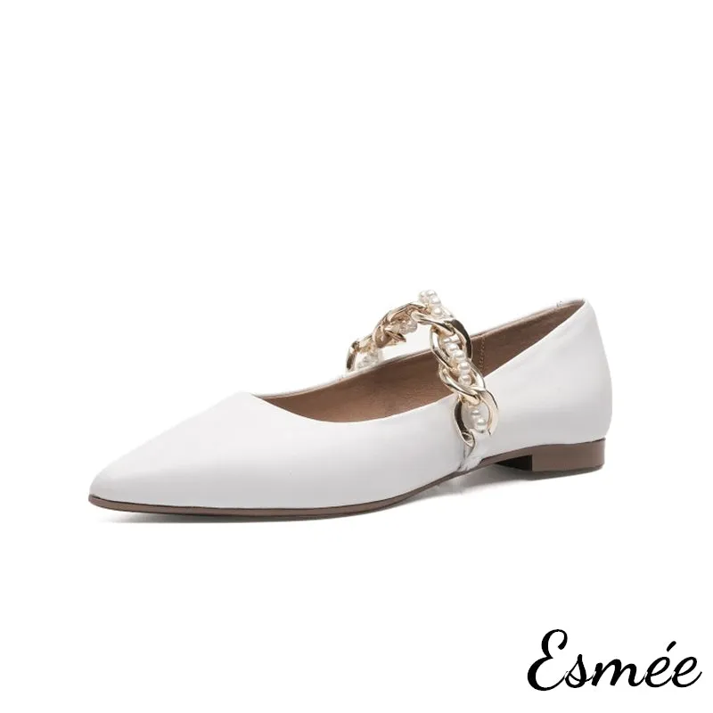 Leather Pointed Toe Flats with Golden Chain Straps