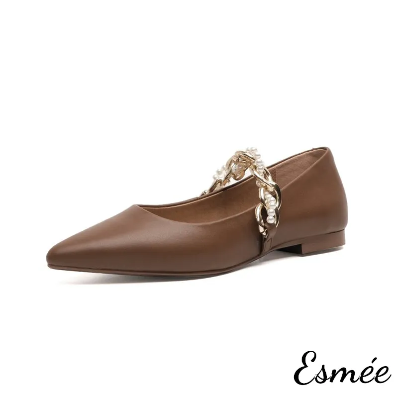 Leather Pointed Toe Flats with Golden Chain Straps