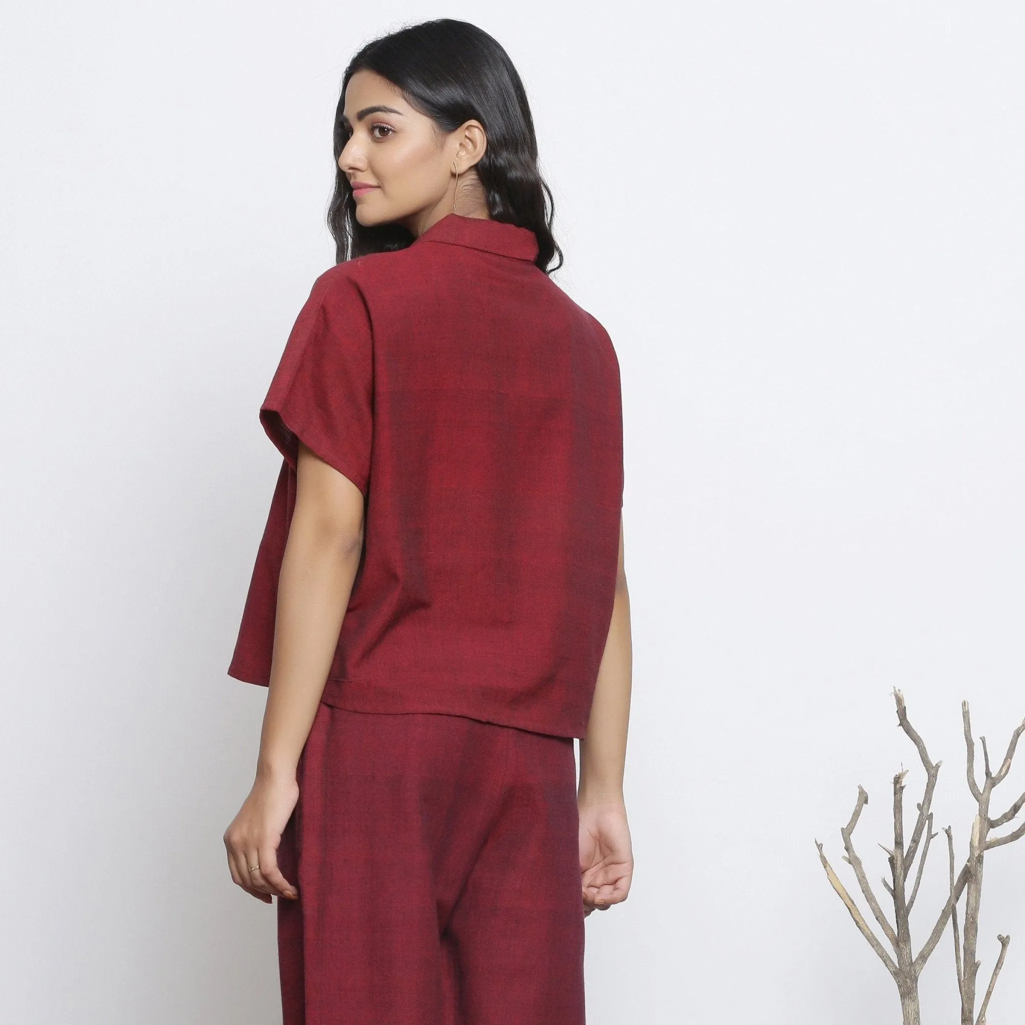 Maroon Handspun 100% Cotton Loose Fit Keyhole Neck Top