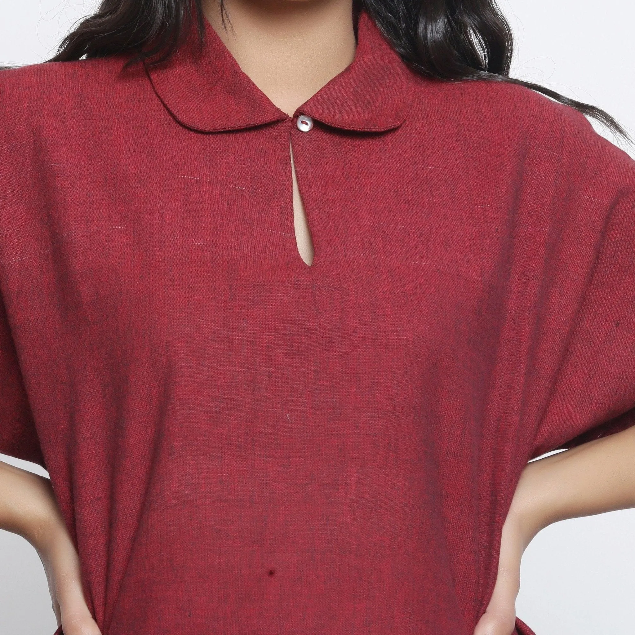 Maroon Handspun 100% Cotton Loose Fit Keyhole Neck Top